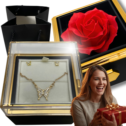 Zestaw prezentowy - Wieczna róża + biżuteria "MOTYLEK"